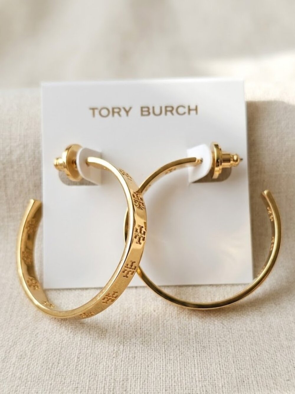 Tory Burch Pierced T Logo Hoop Earrings in Gold Tone, New